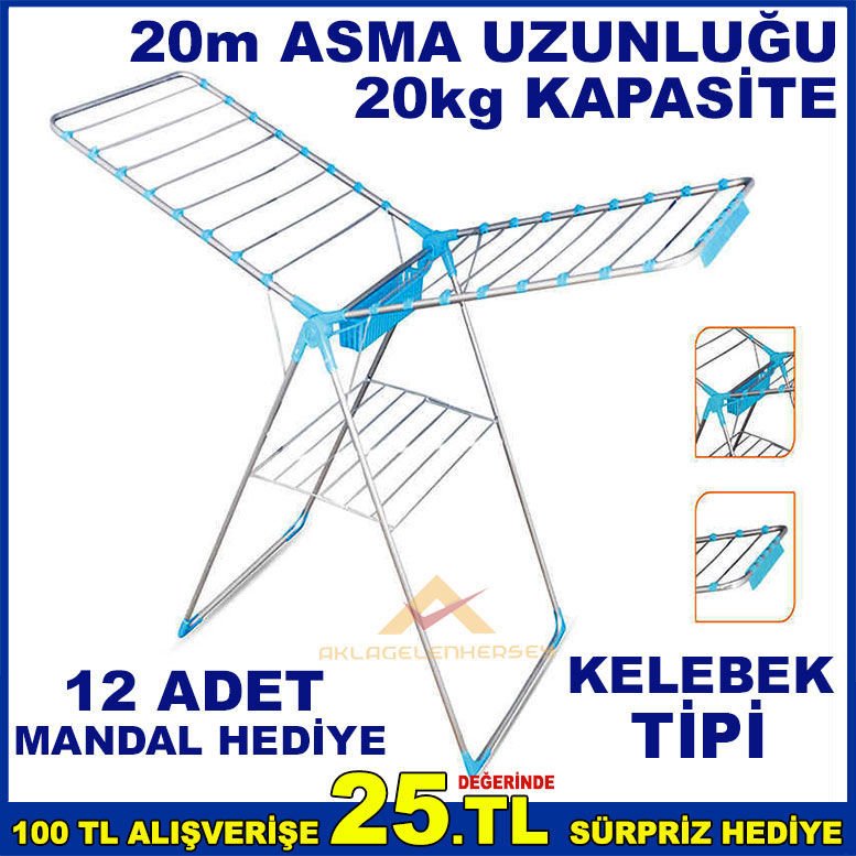 12adet MANDAL HEDİYELİ 2 YIL GARANTİLİ KELEBEK TİP KATLANIR FAVİO ÇAMAŞIR KURUTMALIK -2