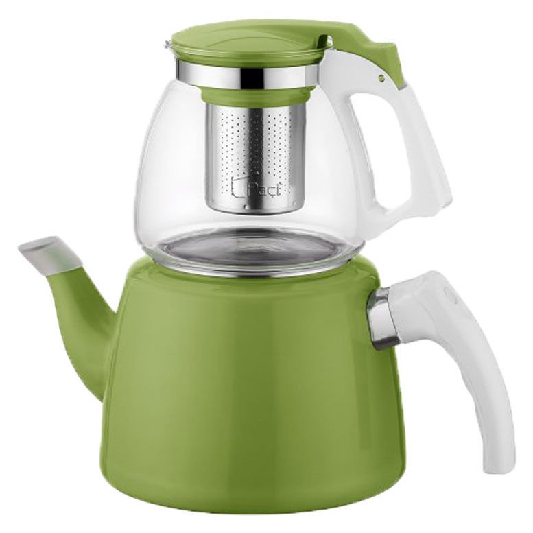 900ml. CAM DEMLİK 2 LT. ALT GÖVDE PASLANMAZ ÇELİK SÜZGEÇLİ ÇAYDANLIK yeşil