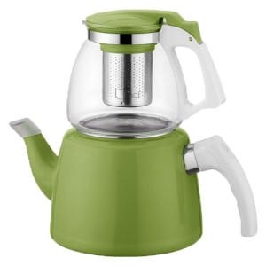 900ml. CAM DEMLİK 2 LT. ALT GÖVDE PASLANMAZ ÇELİK SÜZGEÇLİ ÇAYDANLIK yeşil