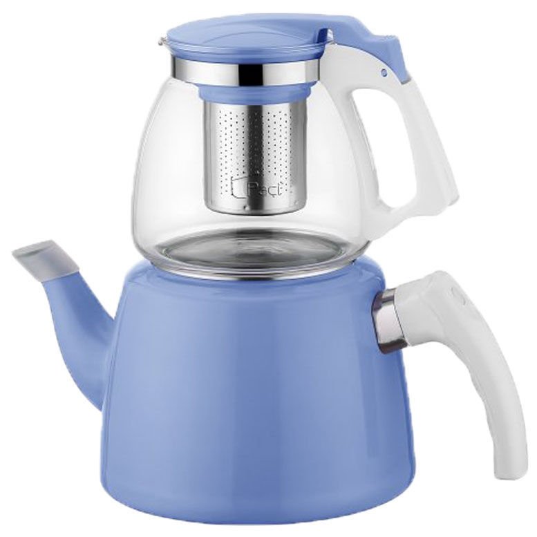 900ml. CAM DEMLİK 2 LT. ALT GÖVDE PASLANMAZ ÇELİK SÜZGEÇLİ ÇAYDANLIK mavi