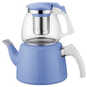 900ml. CAM DEMLİK 2 LT. ALT GÖVDE PASLANMAZ ÇELİK SÜZGEÇLİ ÇAYDANLIK mavi