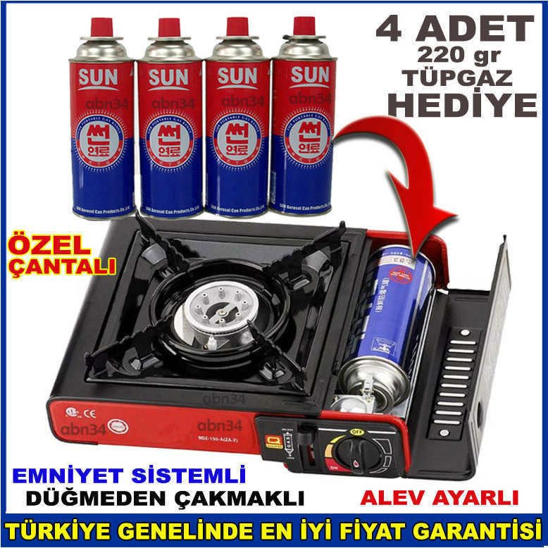 Tüpgazla Çalışan Tek Göz Taşınabilir Portatif Ocak 4 Tüp 220gr Gaz Hediyeli Emniyetli Kamp Ocağı
