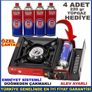 Tüpgazla Çalışan Tek Göz Taşınabilir Portatif Ocak 4 Tüp 220gr Gaz Hediyeli Emniyetli Kamp Ocağı