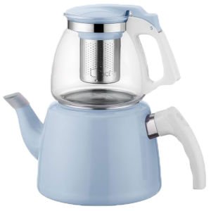 900ml. CAM DEMLİK 2 LT. ALT GÖVDE PASLANMAZ ÇELİK SÜZGEÇLİ ÇAYDANLIK Turkuaz