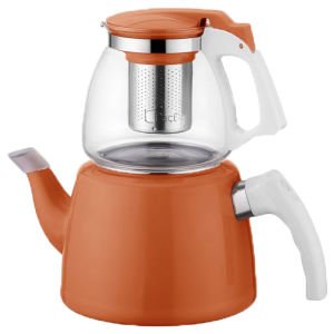 900ml. CAM DEMLİK 2 LT. ALT GÖVDE PASLANMAZ ÇELİK SÜZGEÇLİ ÇAYDANLIK turuncu