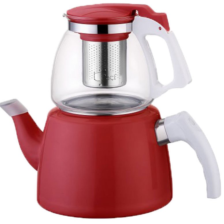 900ml. CAM DEMLİK 2 LT. ALT GÖVDE PASLANMAZ ÇELİK SÜZGEÇLİ ÇAYDANLIK kırmızı