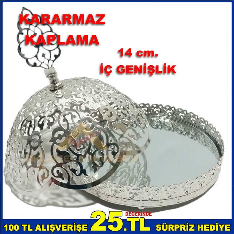 15 cm. İÇİ AYNALI KARARMAZ KAPLAMALI GÜMÜŞ RENK METAL ŞEKERLİK