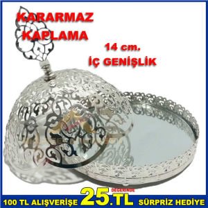 15 cm. İÇİ AYNALI KARARMAZ KAPLAMALI GÜMÜŞ RENK METAL ŞEKERLİK