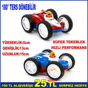 180° AÇIYLA GERİYE TAKLA ATAN AÇMA-KAPAMA DÜĞMELİ ÇİFT TARAFLI MÜZİKLİ OYUNCAK ARABA