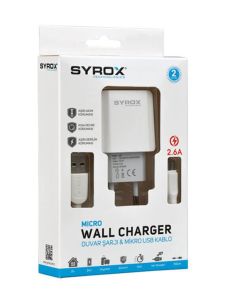 Syrox Micro USB Şarj Cihazı 2.6A Adaptör SYX-J47 Duvar Şarjı ve Mıcro usb kablo