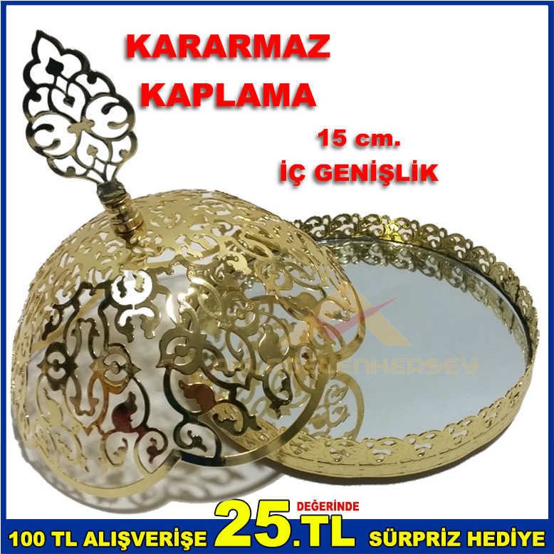 15 cm. İÇİ AYNALI KARARMAZ KAPLAMALI GOLD - ALTIN RENK METAL ŞEKERLİK