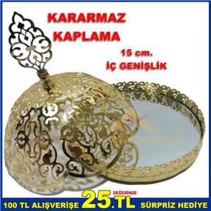 15 cm. İÇİ AYNALI KARARMAZ KAPLAMALI GOLD - ALTIN RENK METAL ŞEKERLİK