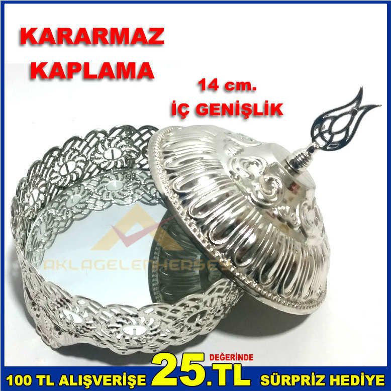 14 cm. İÇİ AYNALI KARARMAZ KAPLAMALI GÜMÜŞ RENK METAL ŞEKERLİK