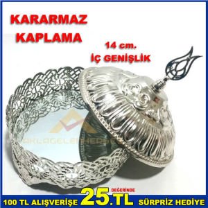14 cm. İÇİ AYNALI KARARMAZ KAPLAMALI GÜMÜŞ RENK METAL ŞEKERLİK