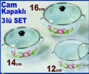 3lü CAM KAPAK SAKLAMA SET DESENLİ EMAYE TENCERE
