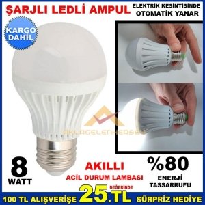 8W ŞARJLI LED AMPUL AKILLI ACİL DURUM LAMBASI