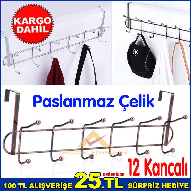 Banyo ve Tüm Oda Kapıları İçin Amerikan Kapı Arkası 12 Kancalı Metal Askı,Havlu Bornoz Askısı