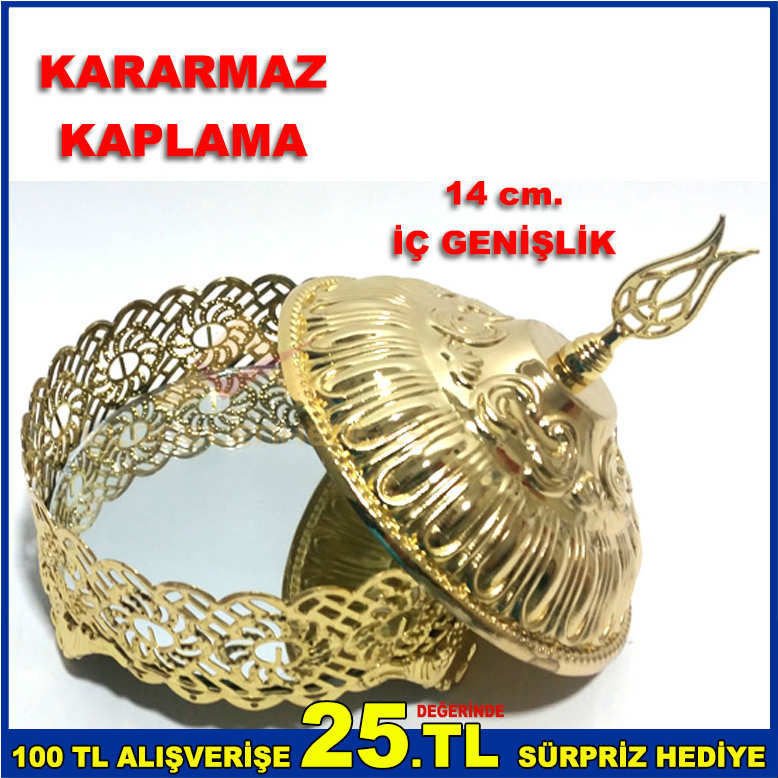 14 cm. İÇİ AYNALI KARARMAZ KAPLAMALI GOLD - ALTIN RENK METAL ŞEKERLİK