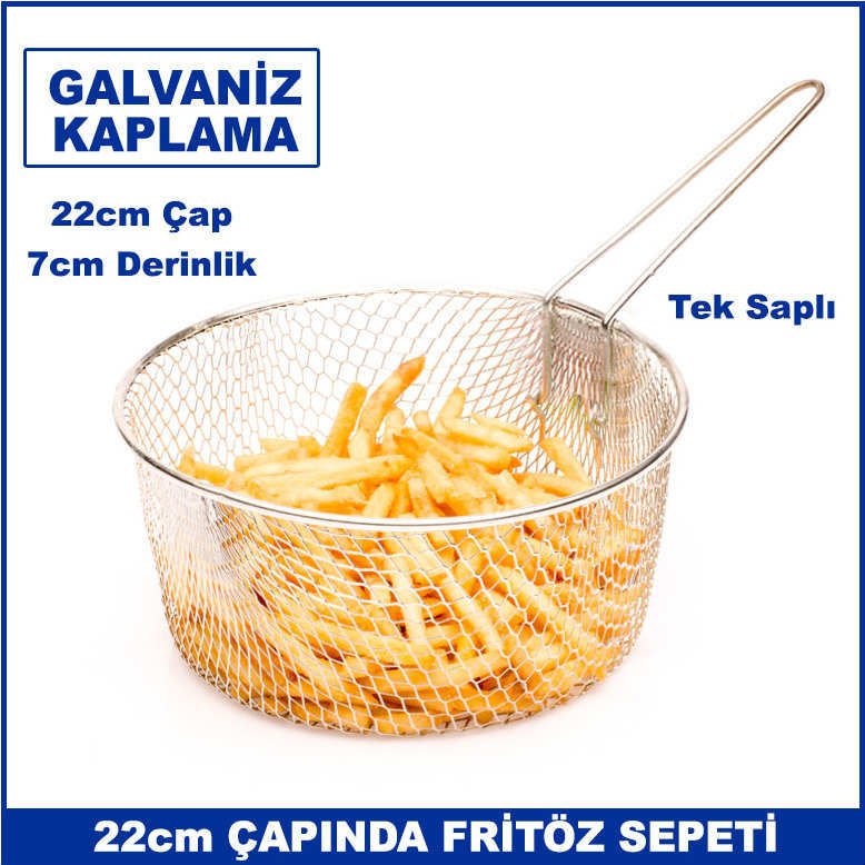 22cm Çapında 7cm Derinliğinde Tek Saplı Galvaniz Kaplama Fritöz Sepeti - Kızartma Süzgeci
