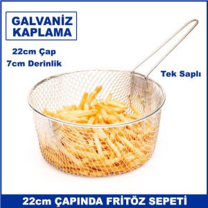 22cm Çapında 7cm Derinliğinde Tek Saplı Galvaniz Kaplama Fritöz Sepeti - Kızartma Süzgeci