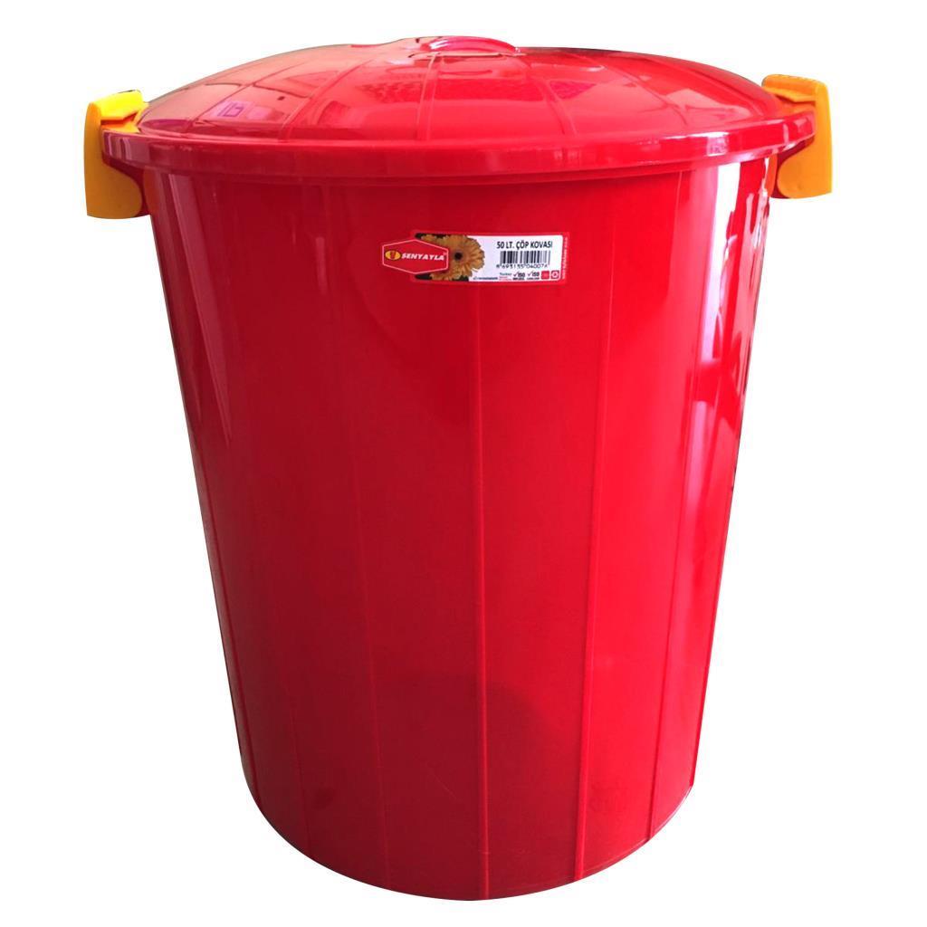 Sarı Kırmızı Kilitli Kapaklı Büyük Boy Çöp Kovası 50Lt