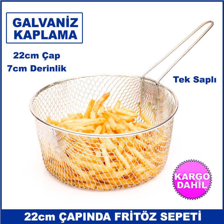 22cm Çapında 7cm Derinliğinde Tek Saplı Galvaniz Kaplama Fritöz Sepeti - Kızartma Süzgeci