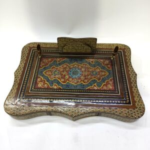 Ahşap Altın Varaklı Kakma Sedef İşlemeli İnce El İşçilikli Çekmeceli 33.5x24 cm Kalemlik