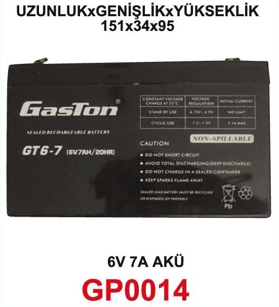 Gaston Bakımsız Kuru Akü 6V 7Ah Kaliteli ve Garantili Şarj Edilebilir Akü