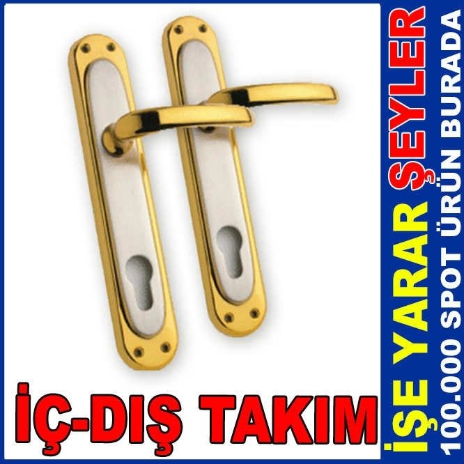 2li SET 1.KALİTE PİRİNÇ YALE GÖBEKLİ TİPİ DIŞ KAPI KOLU TAKIMI SETİ ALTIN SARISI BORDÜRLÜ SATEN
