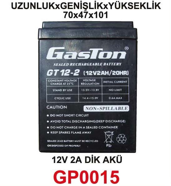 Gaston Bakımsız Kuru Akü 12V 2Ah Kaliteli ve Garantili Şarj Edilebilir Akü