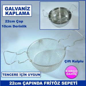 22cm Çapında 10cm Derinliğinde Çift Kulplu Galvaniz Kaplama Fritöz Sepeti - Tencere İçi Süzgeç