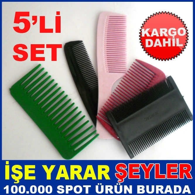 5 FARKLI BOY VE İŞLEVLERDE RENKLİ TARAK SETİ KD