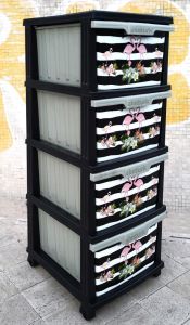 Büyük Boy Flamingo Desen 4 Çekmeceli Tekerlekli Komidin Yükseklik 93cm 43x38 Demonte Dolap Raf