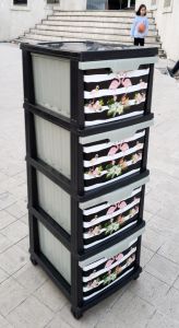 Büyük Boy Flamingo Desen 4 Çekmeceli Tekerlekli Komidin Yükseklik 93cm 43x38 Demonte Dolap Raf