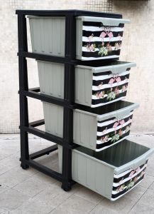 Büyük Boy Flamingo Desen 4 Çekmeceli Tekerlekli Komidin Yükseklik 93cm 43x38 Demonte Dolap Raf