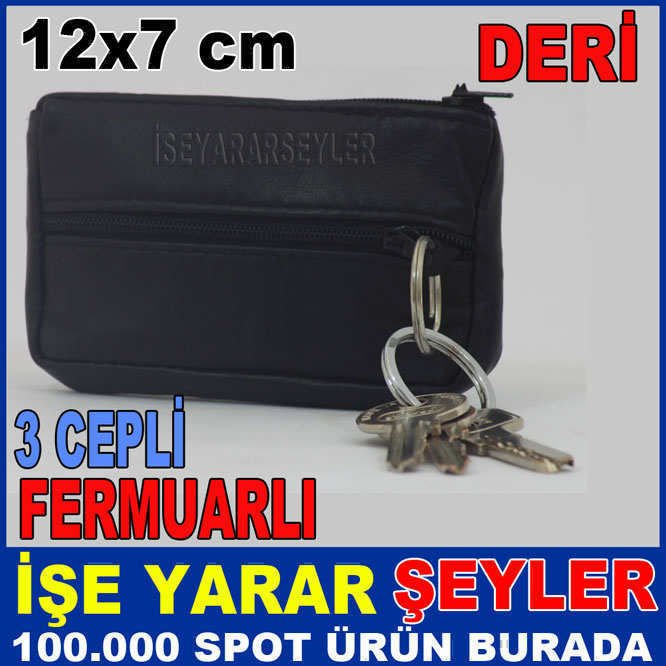 FERMUARLI 3 CEPLİ HAKİKİ DERİ BOZUK PARA EL CÜZDANI GİZLİ CEPLİ ANAHTARLIK FERMUARLI KART CÜZDANI