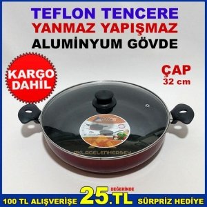 CAM KAPAKLI 32 CM ÇAPINDA YANMAZ YAPIŞMAZ TEFLON TENCERE