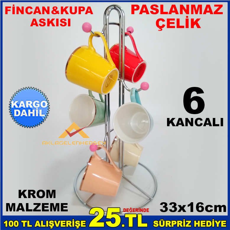 PASLANMAZ ÇELİK 6 KANCA KROM FİNCAN KUPA ASKISI