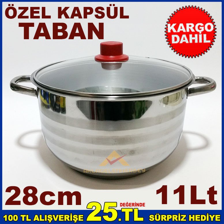 28cm İNDÜKSİYON KAPSÜL TABANLI CAM KAPAKLI PASLANMAZ ÇELİK DERİN TENCERE