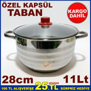 28cm İNDÜKSİYON KAPSÜL TABANLI CAM KAPAKLI PASLANMAZ ÇELİK DERİN TENCERE