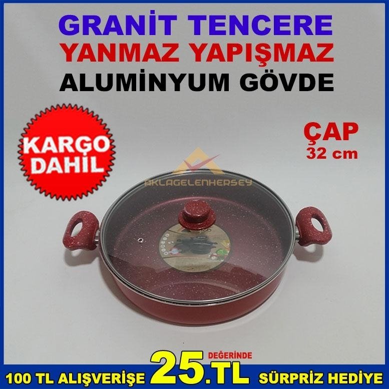CAM KAPAKLI 32 CM ÇAPINDA YANMAZ YAPIŞMAZ GRANİT TENCERE