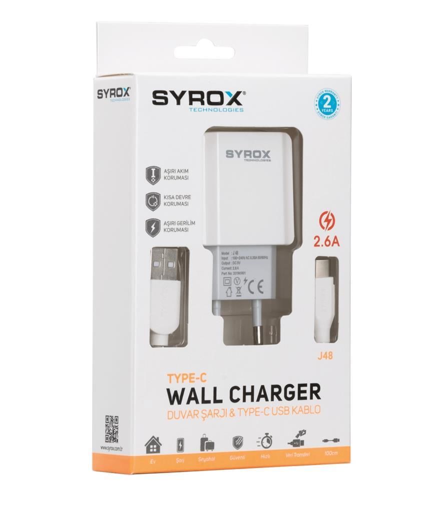 Syrox J48 Type-C Girişli 2.6A Hızlı Duvar Şarjı ve Type C Kablosu