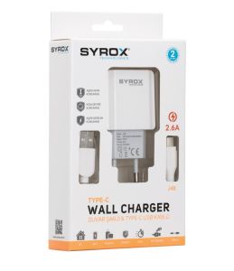 Syrox J48 Type-C Girişli 2.6A Hızlı Duvar Şarjı ve Type C Kablosu