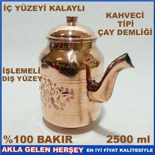 EL İŞİ ÇEKİÇ DÖVME %100 BAKIR DEMLİK İÇ YÜZEYİ KALAYLI OSMANLI TİPİ KAHVECİ TİPİ ÇAY DEMLİĞİ 2500mL