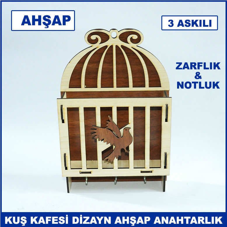 Kuş Kafesi Dizayn Ahşap 3 Askılı Anahtarlık Zarflık ve Notluk