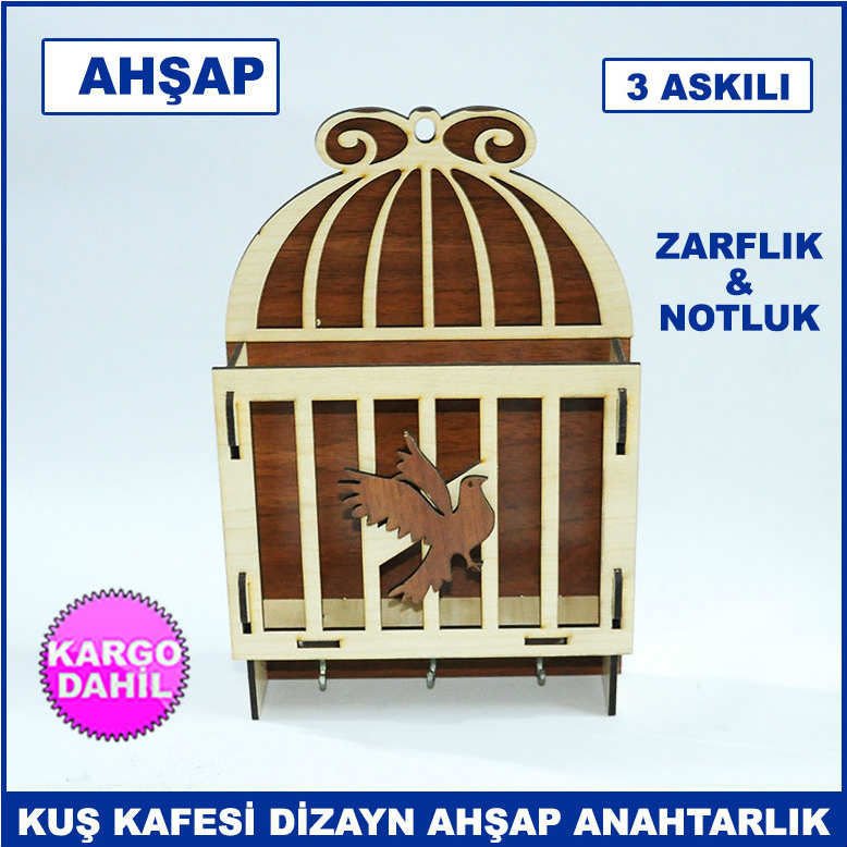 Kuş Kafesi Dizayn Ahşap 3 Askılı Anahtarlık Zarflık ve Notluk