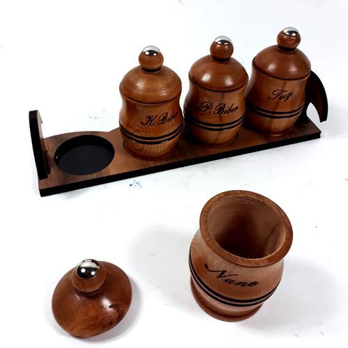 Ahşap Standlı Komple Ahşap 4 Lü Oyma Yazılı Baharatlık 35 cm 