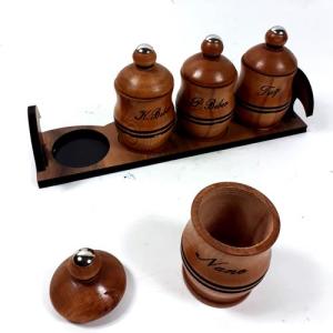 Ahşap Standlı Komple Ahşap 4 Lü Oyma Yazılı Baharatlık 35 cm 
