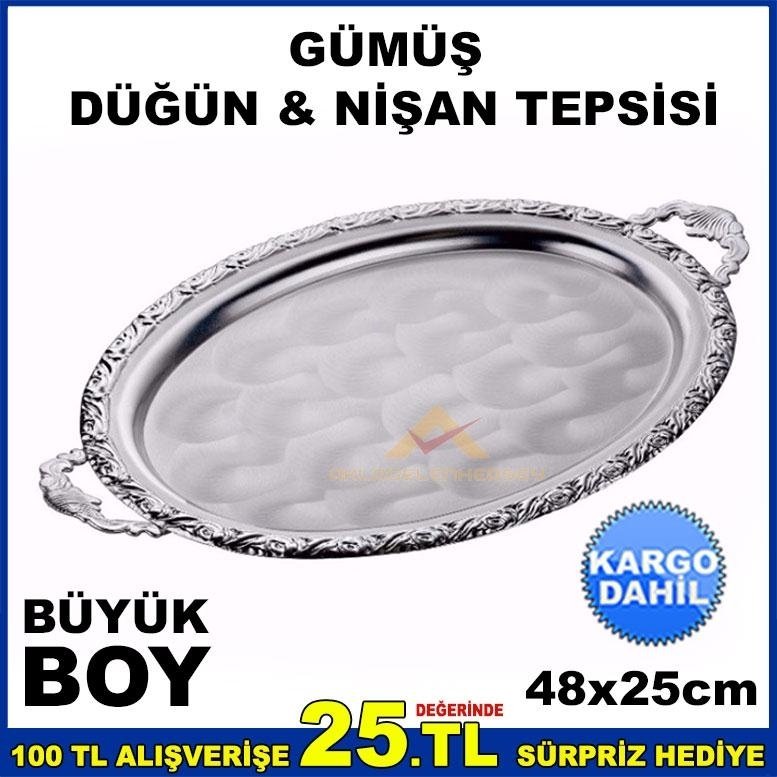48x25cm BÜYÜK BOY OVAL MODEL GÜMÜŞ NİŞAN TEPSİSİ