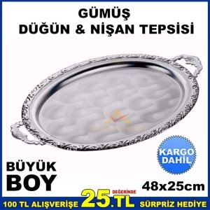 48x25cm BÜYÜK BOY OVAL MODEL GÜMÜŞ NİŞAN TEPSİSİ